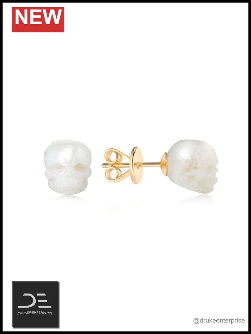 Skull Pearl Stud Earrings, Cultured Freshwater Pearl, 925 Sterling Silver, 14K